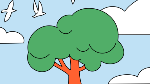 Piirros: puu, lintuja ja pilviä.