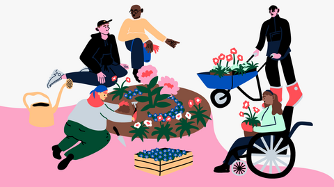 Drawing of a group of people gardening together.
