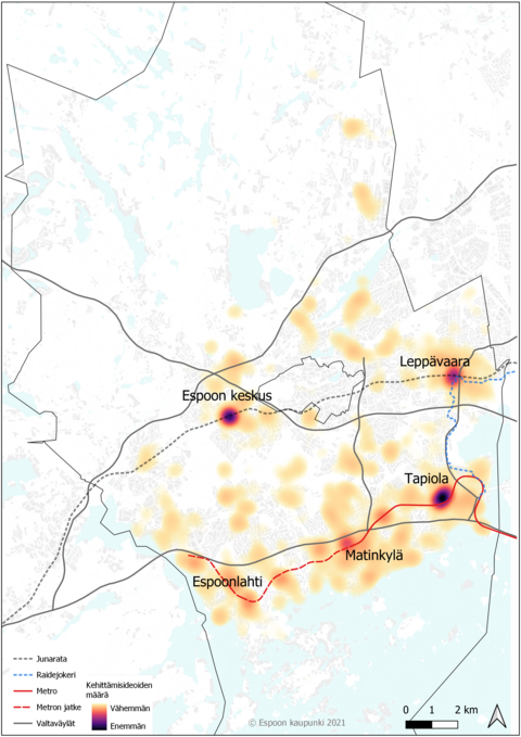 The map shows that most populated places in Espoo, especially the district centres of Espoo centre, Leppävaara and Tapiola, received the most development proposals.