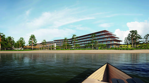 An elongated, staggered residential building with a sandy beach in front. In the foreground is the bow of a rowing boat.