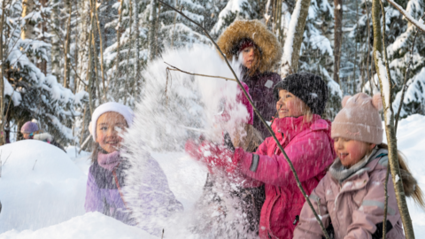 Fyra barn som leker i snön.