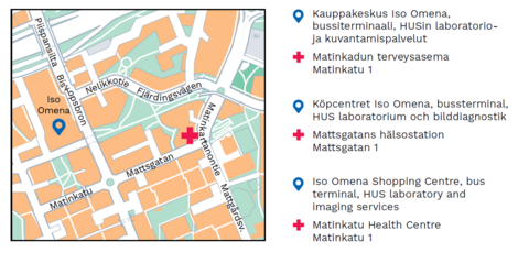 Karttakuva, johon merkitty Iso Omena ja Matinkadun terveysasema. 