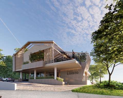 En ny restaurangbyggnad i två våningar och med träfasad, som planeras i Sökö strand.
