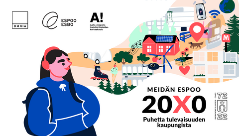 Piirroskuvassa tyttö ajattelee tulevaisuuden Espoota, lisäksi logoteksti: "Meidän Espoo 20X0 - Puhetta tulevaisuuden kaupungista".