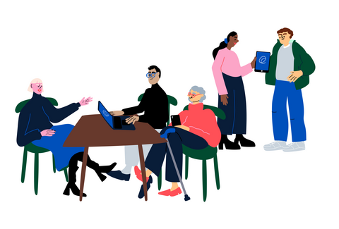 Piirroskuva: ihmiset juttelevat istuen pöytäryhmässä ja kaksi henkilöä seisoen.